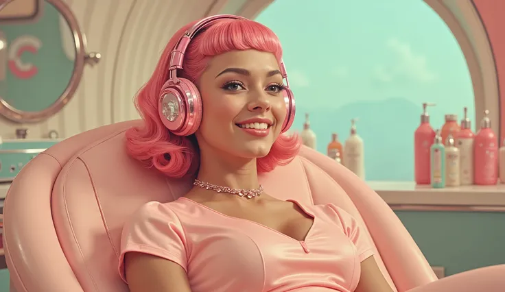 Young woman, late s to early twenties, with vibrant pink hair, relaxed pose in a pastel pink, shiny vinyl bodysuit. Smiling expression, showcasing teeth. Headphones with pink accents are on her head, and a coordinating choker necklace is visible. Light ...
