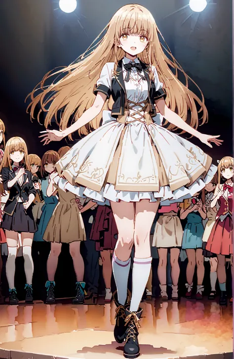 is horrible, Mahiru Shiina,Alone, bungs, Gold, long hair,yellow eyes,Medium breast,smile,cover,open your mouth,idol costume, dress,collared dress,jacket,cropped jacket,Short sleeve,bowtie,bow,button, above Decorati has ,(white knee-high:1.2),boots,is sta...