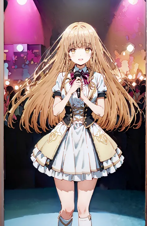 is horrible, Mahiru Shiina,Alone, bungs, Gold, long hair,yellow eyes,Medium breast,smile,cover,open your mouth,idol costume, dress,collared dress,jacket,cropped jacket,Short sleeve,bowtie,bow,button, above Decorati has ,(white knee-high:1.2),boots,is sta...