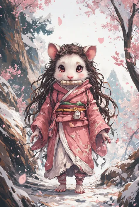 hamster dressed like nezuko from demon slayer, masterpiece, best quality, Super Detail,an epic,4K,snowy forest ,dressed like Nezuko, In fantasy art style, cinematic light , ultra detailed, 8k resolution ,Scroll in mouth , long dark brown hair,white face
