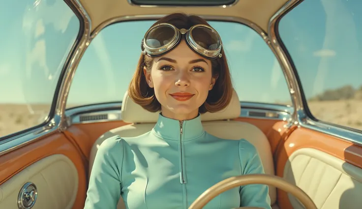 Smiling young woman in light-blue, futuristic, form-fitting outfit, driving a vintage, transparent, capsule-shaped vehicle. Light-brown, shoulder-length bob hairstyle, accented by silver aviator-style goggles. Caucasian ethnicity, 20s age range. Featu...