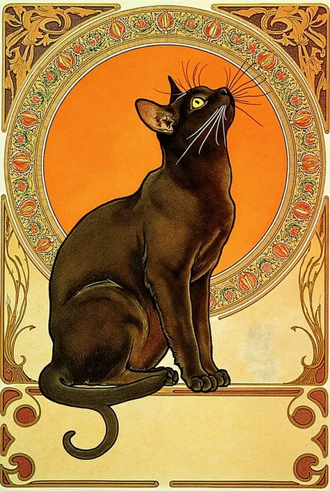  artistic illustration , black cat, side profile, looking up, stylized skin texture, parchment-like texture,  Decorative background , symmetric pattern , scroll design, vivid orange circular background, vintage art style, antiquarian atmosphere, subtle col...