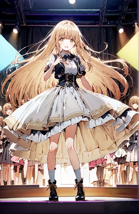 is horrible, Mahiru Shiina,Alone, bungs,  Gold, long hair,yellow eyes,Medium breast,smile,cover,open your mouth,idol costume, dress,collared  dress,jacket,cropped jacket,Short sleeve,bowtie,bow,button, above Decorati has ,(white knee-high:1.2),boots,is sta...
