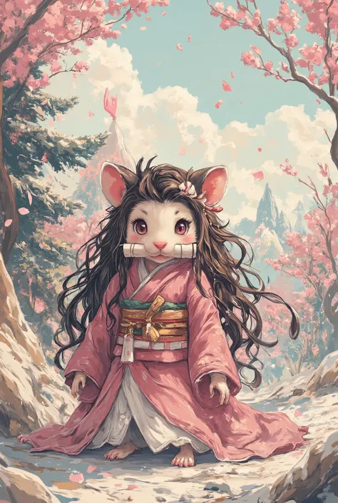hamster dressed like nezuko from demon slayer, masterpiece, best quality, Super Detail,an epic,4K,snowy forest ,dressed like Nezuko, In fantasy art style, cinematic light , ultra detailed, 8k resolution ,Scroll in mouth , long dark brown hair,white face