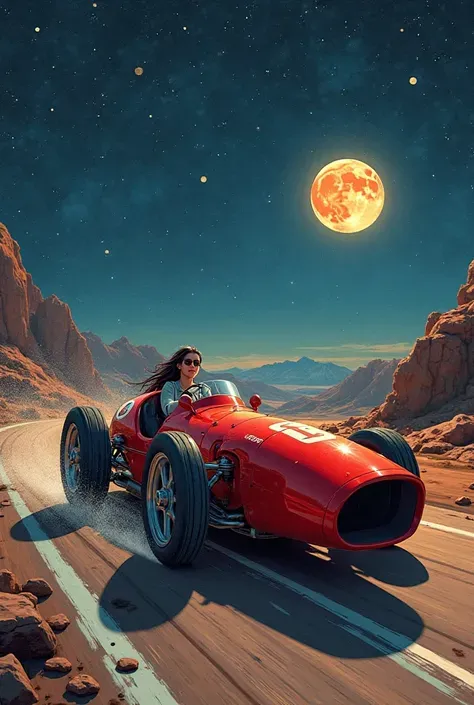 (Masterpiece ), (Best Quality), (best detail), (Vision Overview ), (Postage stamps),( Illustration Main Color : bright saturated red), (Secondary color: lapis lazuli),  An arrogant woman drives a red coffee racing car, very detailed chassis,  Future Wester...