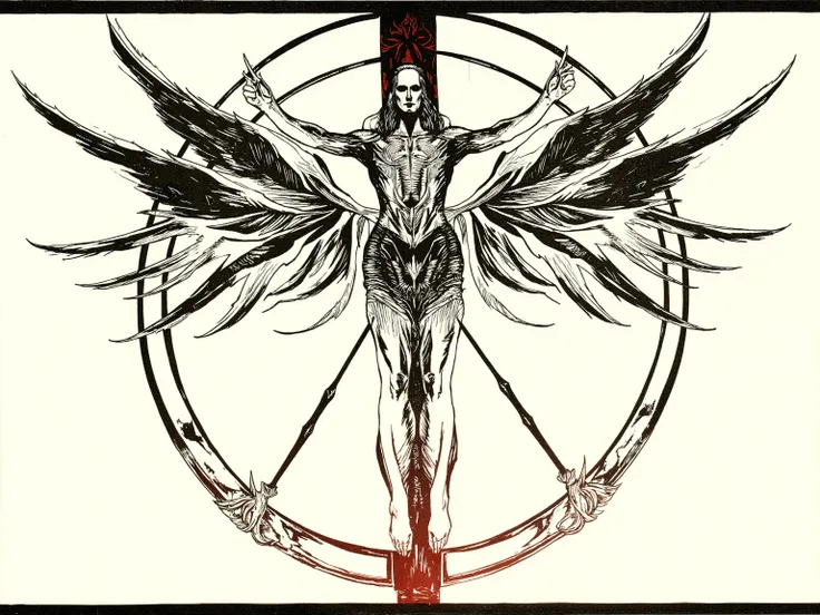 Vitruvian Man, anarchy symbol, extreme detail, Final Fantasy Logo