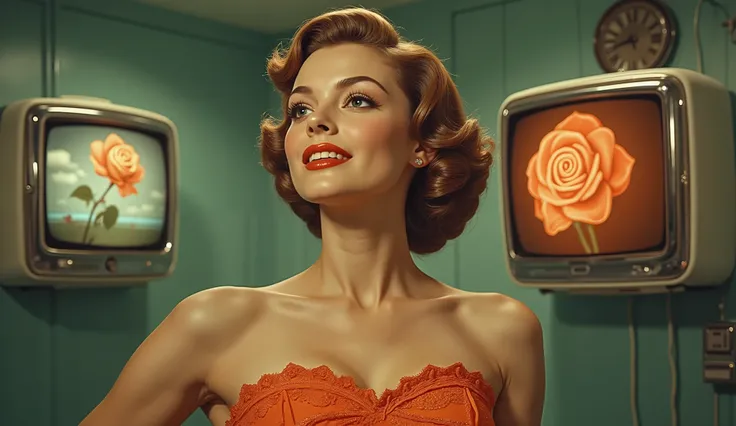Woman, 20s, light-skinned, with a retro hairstyle, posed in a vintage, orange, strapless gown. Delicate lace overlay on the bodice. Expression is serene and thoughtful, with a slight smile and soft gaze directed slightly to the right of the frame. Det...