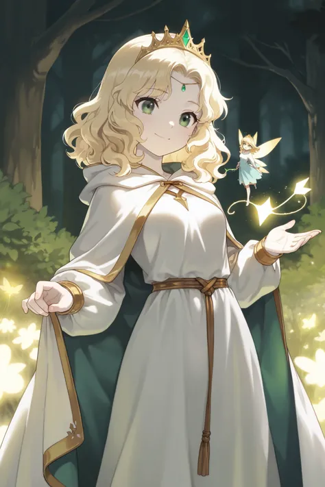 (best quality), (very aesthetic), (ultra-detailed), (best illustration), Archer, fairy robe, one woman, petite, wavy hair, medium hair, sideburns, blonde hair, tiara, green eyes, pale skin, medium breast, warm smile, radiating holy light, Powerful Wizard w...