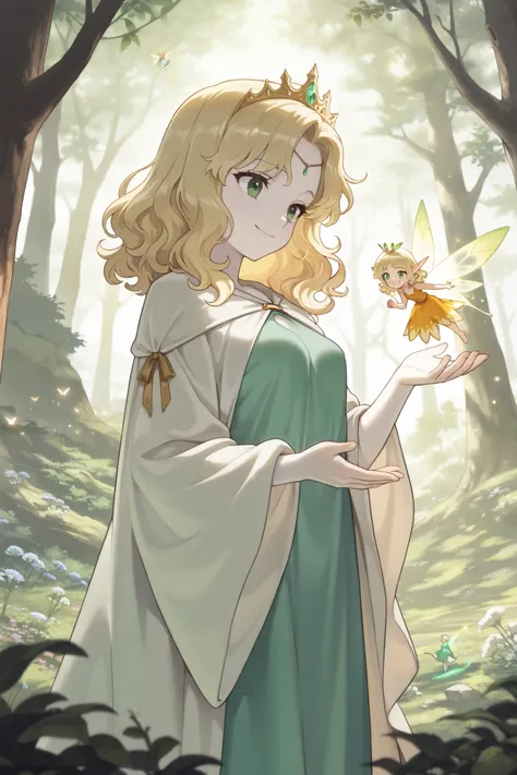 (best quality), (very aesthetic), (ultra-detailed), (best illustration), Archer, fairy robe, one woman, petite, wavy hair, medium hair, sideburns, blonde hair, tiara, green eyes, pale skin, medium breast, warm smile, radiating holy light, Powerful Wizard w...