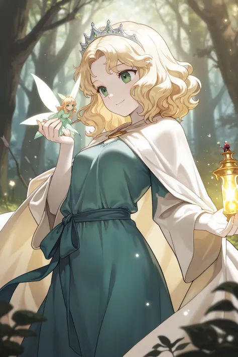 (best quality), (very aesthetic), (ultra-detailed), (best illustration), Archer, fairy robe, one woman, petite, wavy hair, medium hair, sideburns, blonde hair, tiara, green eyes, pale skin, medium breast, warm smile, radiating holy light, Powerful Wizard w...