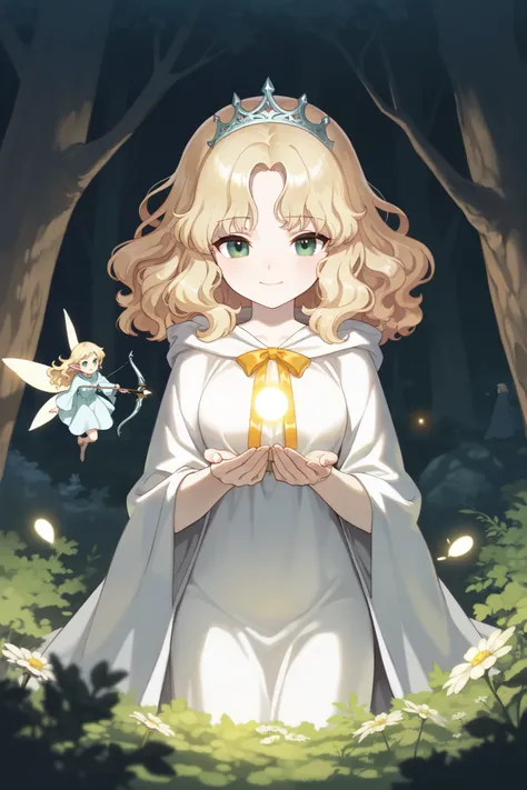 (best quality), (very aesthetic), (ultra-detailed), (best illustration), Archer, fairy robe, one woman, petite, wavy hair, medium hair, sideburns, blonde hair, tiara, green eyes, pale skin, medium breast, warm smile, radiating holy light, Powerful Wizard w...