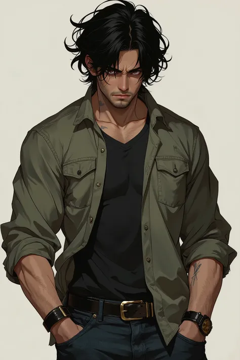adult male. messy hair. casual wear. black hair. dark brown eyes. high. anime. Muscles a bit large. depressed face