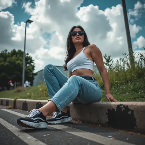 Professional photo of confident woman sitting casually on worn-out curb, urban outdoor setting, low-angle perspective, long dark hair, black sunglasses, white crop top, high-waisted light blue jeans, dark belt, black-and-white sneakers, relaxed pose, drama...