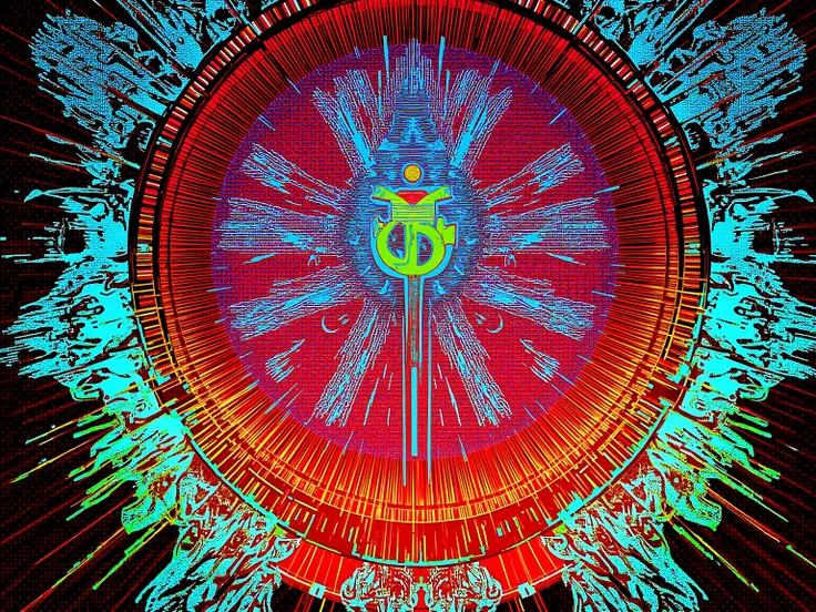 Vitruvian Man, anarchy symbol, extreme detail, Final Fantasy Logo, neon ultra color spectrum inverse mixture, technicolor cracks, radiant leylines