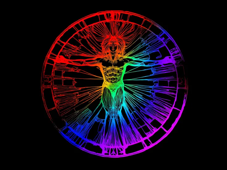 Vitruvian Man, anarchy symbol, extreme detail, Final Fantasy Logo, neon ultra color spectrum inverse mixture, technicolor cracks, radiant leylines