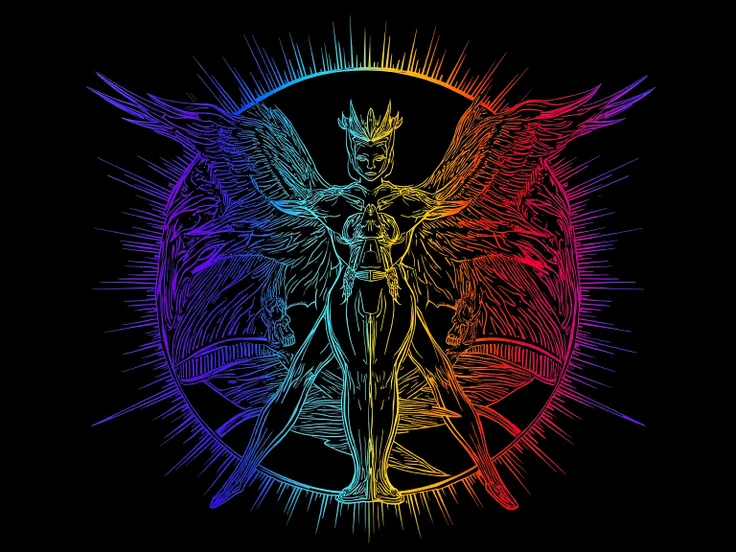 Vitruvian Man, anarchy symbol, extreme detail, Final Fantasy Logo, neon ultra color spectrum inverse mixture, technicolor cracks, radiant leylines