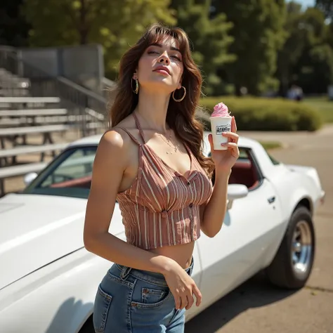 Professional photographic shot of a beautiful woman standing outdoors in bright daylight, fully embracing the vibrant spirit of the 1970s. She has voluminous, wavy brown hair cascading over her shoulders, framing her confident expression. Her skin glows un...