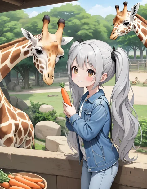silvery long hair、a beautiful girl with a twin-tail hairstyle、Denim stone 、smile、I'm feeding carrots to giraffes at a safari park、Parent and giraffe