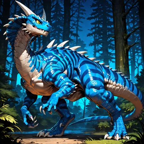 masterpiece, best quality, anime shading, full body picture, centered, dinosaur, cobra, monstrous body shape, ((vertigo)), yellow eyes, striped body, blue scaled body, (claws), white claws, horns, fangs, ((neutral expression)), digitigrade legs, ((forest b...