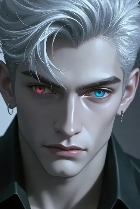 A young handsome man with short white hair, with the right eye red and the left eye blue. 20yrs old