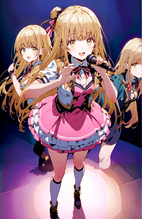 is horrible, Mahiru Shiina,Alone, bungs,  Gold, long hair,yellow eyes,half up do,Medium breast,smile,cover,open your mouth,idol costume, dress,collared  dress,jacket,cropped jacket,Short sleeve,bowtie,bow,button, above Decorati has ,(white knee-high:1.2),b...