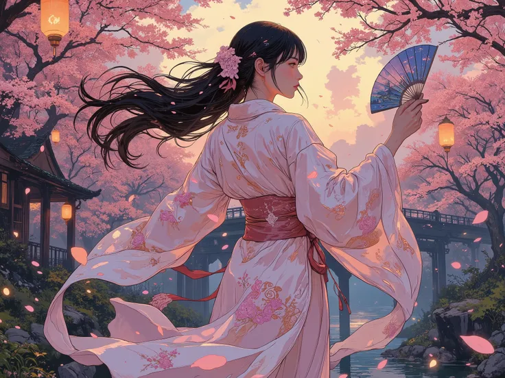 A divine Sakura Goddess emerges from a whirlwind of falling cherry blossoms, her presence both serene and ethereal. She wears an exquisite kimono with layers of delicate pink and white silk, adorned with intricate embroidery of sakura branches and golden t...
