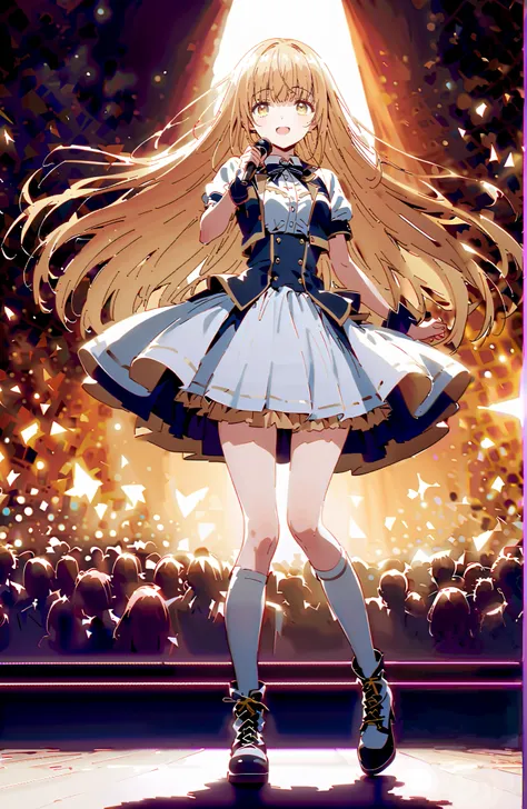 is horrible, Mahiru Shiina,Alone, bungs,  Gold, long hair,yellow eyes,half up do,Medium breast,smile,cover,open your mouth,idol costume, dress,collared  dress,jacket,cropped jacket,Short sleeve,bowtie,bow,button, above Decorati has ,(white knee-high:1.2),b...