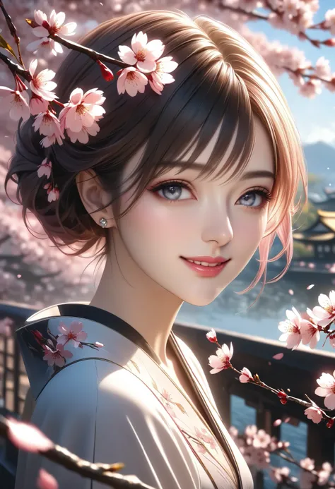 Goddess of Cherry Blossoms ,Portrait of an Elaborate Woman,Elegant Woman Smiling with Cherry Blossom Branches,pink petals along with cherry blossom branches,Elegant hairstyle,Delicate Expression,Wrapped in,Surrounded by Natural Light,Beautiful Scenery Back...