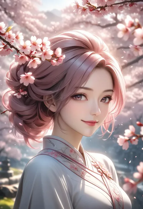 Goddess of Cherry Blossoms ,Portrait of an Elaborate Woman,Elegant Woman Smiling with Cherry Blossom Branches,Wrapped in Pink Petals,Elegant hairstyle,Delicate Expression,Wrapped in,Surrounded by Natural Light,Beautiful Scenery Background,best quality,real...