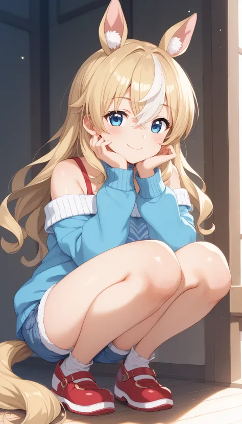 horse tail, long hair, streaked hair, blonde hair, white hair, hair between eyes, animal ears, ear ornament, blue eyes，１ bashful girl, Alone, anime style，cute girl,Best Quality, super detailed, anime style，8k, high resolution, detailed face, Character's Up...