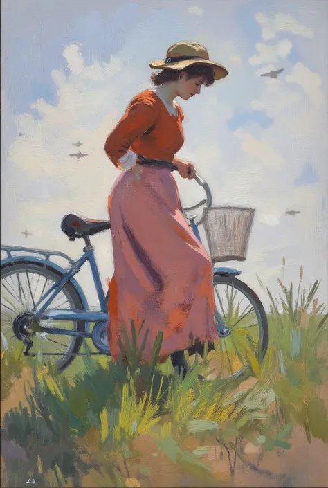 A young rural brunette woman wearing a woman's hat and a red pink dirty dress, standing next to and holding a vintage blue bicycle at the top of a grassy vineyard hill field. Her face is undefined, hidden by her hair in the wind. During the year 1940. The ...