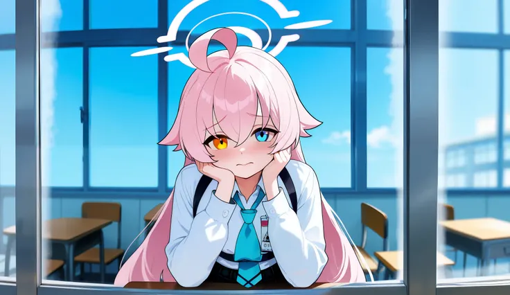 (Masterpiece, absurdres, topquality) 1girl, solo, hoshino \(blue archive\),heterochromia,long hair,pink hair,ahoge,halo,white shirt,plaid skirt,necktie,sneakers,id card, maturefemale, small breasts, small waist, big hips, big butt, looking at viewer, class...