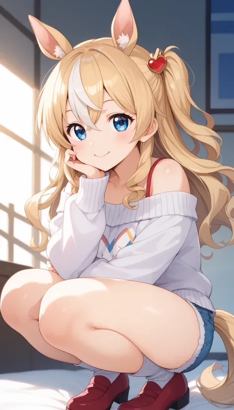 horse tail, long hair, streaked hair, blonde hair, white hair, hair between eyes, animal ears, ear ornament, blue eyes，１ bashful girl, Alone, anime style，cute girl,Best Quality, super detailed, anime style，8k, high resolution, detailed face, Character's Up...