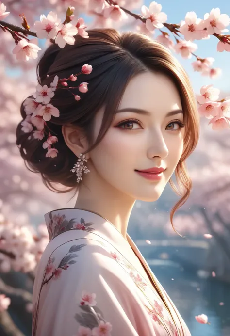 Goddess of Cherry Blossoms ,Portrait of an Elaborate Woman,Elegant Woman Smiling with Cherry Blossom Branches,Wrapped in Pink Petals,Elegant hairstyle,Delicate Expression,Wrapped in,Surrounded by Natural Light,Beautiful Scenery Background,best quality,real...