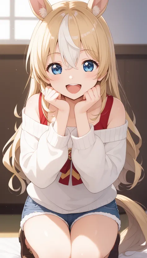 horse tail, long hair, streaked hair, blonde hair, white hair, hair between eyes, animal ears, ear ornament, blue eyes，１ bashful girl, Alone, anime style，cute girl,Best Quality, super detailed, anime style，8k, high resolution, detailed face, Character's Up...