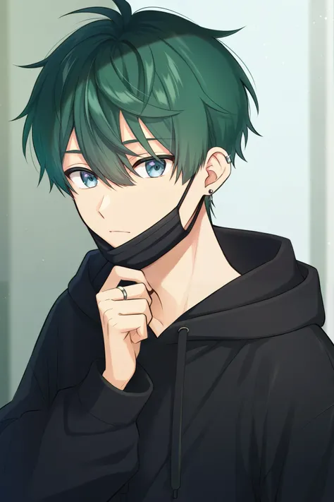 ・A young man in his 20s with green hair
・I'm wearing a black mask over my chin
・I'm wearing a plain black hoodie
・I wear only one simple, small ring earring on each ear