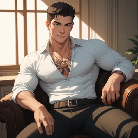 Male, mid-thirties, with dark hair styled neatly, green eyes, tattoos covering his muscular body, broad shoulders, wearing a high-end suit, his white shirt has the buttons undone at the top to showcase his tattoos, mafia member, sexy, semi-realistic, drama...