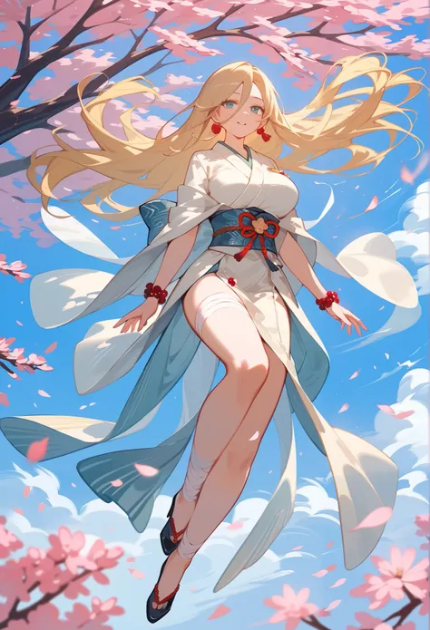 (masterpiece, highest quality),askew kimono,Blonde Beautiful adult woman, full body, bandages, Big breasts, sexy, Seductive images, blonde peach long hair,cherry blossom trees, flying, windy, ethereal, (ultra detailed), (cowboy shot)
