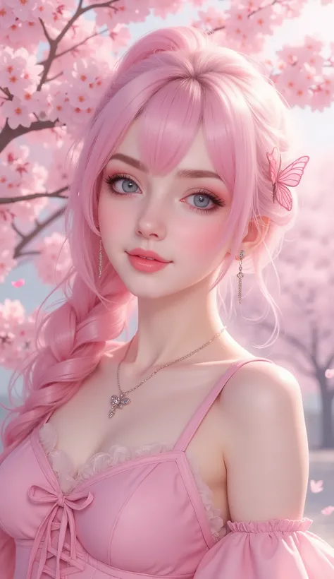 A woman, Pastel pink hiar, and pastel blue eyes, very light white skin with a little baby pink, pink lipstick, eyeliner, wearinga pink dress, sakura tree background, sakura tree leaves falling, long hair, I'm blushing, explosions,  jewelry ,  closed lips, ...
