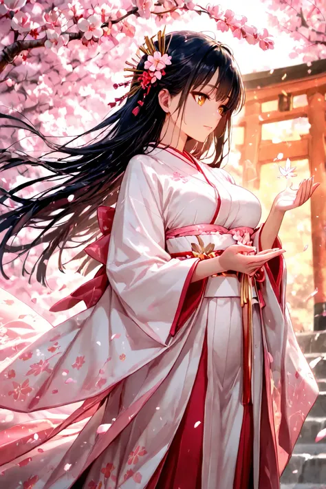 A divine Japanese goddess of cherry blossoms, wearing an elegant white and pale pink jūnihitoe kimono. She has long, flowing black hair adorned with delicate cherry blossoms. A soft, ethereal light surrounds her as cherry blossom petals dance in the air. H...