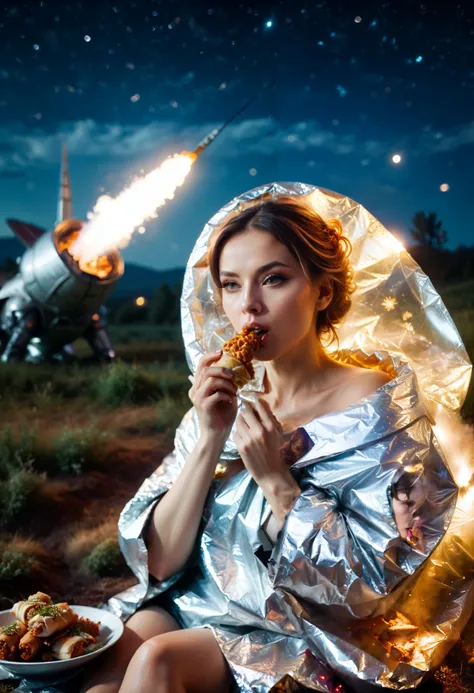 cinematic medium shot film still, high contrast:1, a cinematic picture film, artistic creative color photography style, cinemascope, film grain, Kojima production style, (Beautiful sexy ukrainian woman eating chicken roll kebab sitting under foil cover aga...