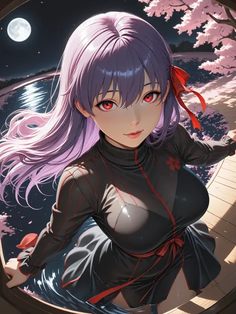 ((Best Quality)),( super high definition),(Super detailed),( detailed description ),((The best CG)),(masterpiece), source_anime,
Sakura _Matou, long hair, red eyes, purple hair, hair ribbon, red clear eyes, iris,dark persona, corrup tion,realistic,Cherry b...