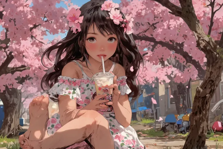 A cute woman (age 20, cute, cherry blossom themed summer dress, cherry blossoms in her hair, bare feet), she has a cherry glow as she contentedly sucks on a milkshake. A gentle breeze blows with cherry blossoms in the air, the back ground transitions from ...
