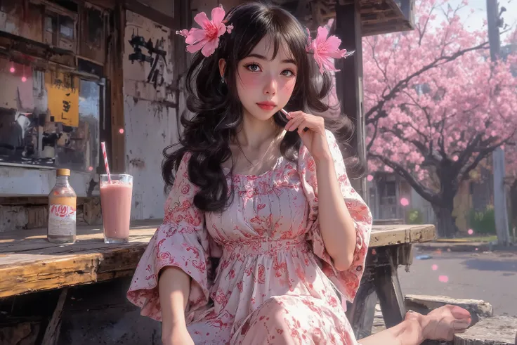 A cute woman (age 20, cute, cherry blossom themed summer dress, cherry blossoms in her hair, bare feet), she has a cherry glow as she contentedly sucks on a milkshake. A gentle breeze blows with cherry blossoms in the air, the back ground transitions from ...