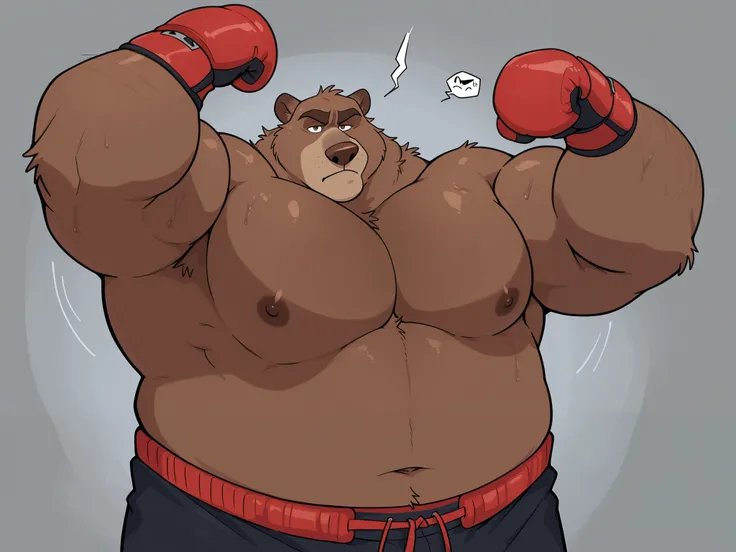 Solo, 1boy, Muscular Old, grunting, frustration glare, focus, look at viewer, wide shoulder, pectoral, thick arms, huge pectoral, wide pectoral, brown nose, height: 220cm, weight: 440lbs, a Kodiak brown bear in an MMA shorts with red slits wearing an MMA g...