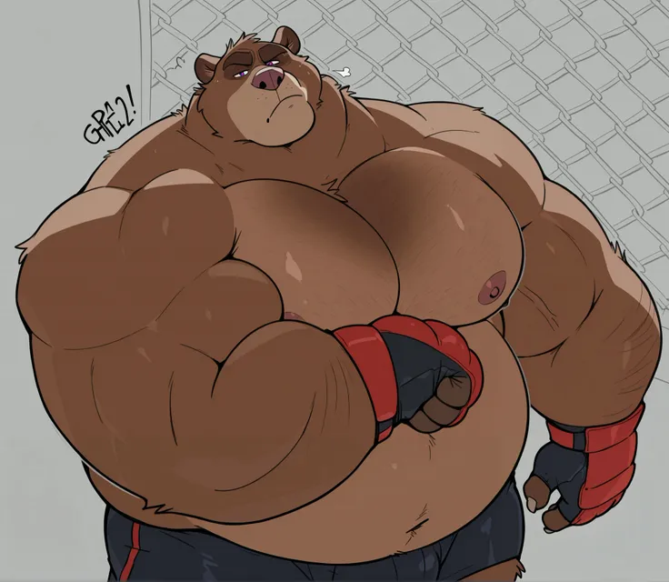 Solo, 1boy, Muscular Old, grunting, frustration glare, focus, look at viewer, wide shoulder, pectoral, thick arms, huge pectoral, wide pectoral, height: 220cm, weight: 440lbs, a Kodiak brown bear in an MMA shorts with red slits wearing an MMA gloves with r...
