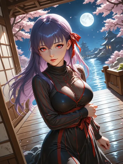 ((Best Quality)),( super high definition),(Super detailed),( detailed description ),((The best CG)),(masterpiece), source_anime,
Sakura _Matou, long hair, red eyes, purple hair, hair ribbon, red clear eyes, iris,dark persona, corrup tion,realistic,Cherry b...