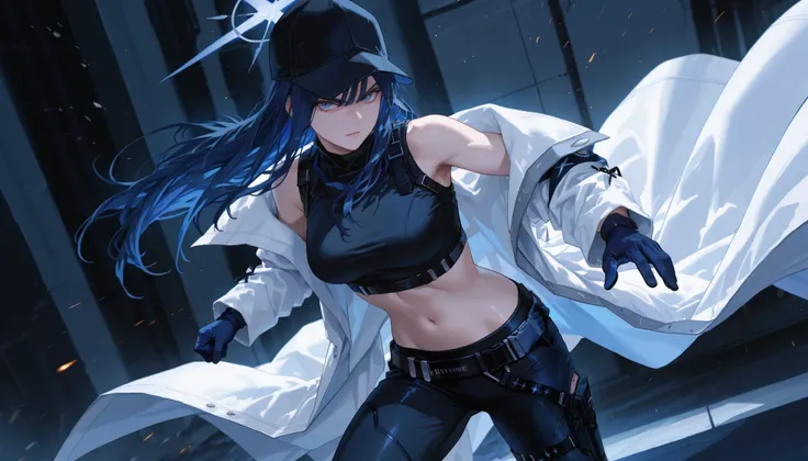 saori joumae , blue eyes , blue hair , halo , long hair , bare arms , bare shoulders , belt , black headwear , black pants , black shirt , blue gloves , crop top , gloves, midriff , navel, shirt , sleeveless, white coat, open coat, off shoulder, long sleev...