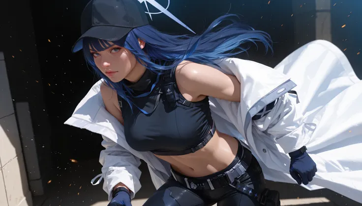 (((realistic, photorealism, high quality, ultra detailed, 4K))) saori joumae , blue eyes , blue hair , halo , long hair , bare arms , bare shoulders , belt , black headwear , black pants , black shirt , blue gloves , crop top , gloves, midriff , navel, shi...