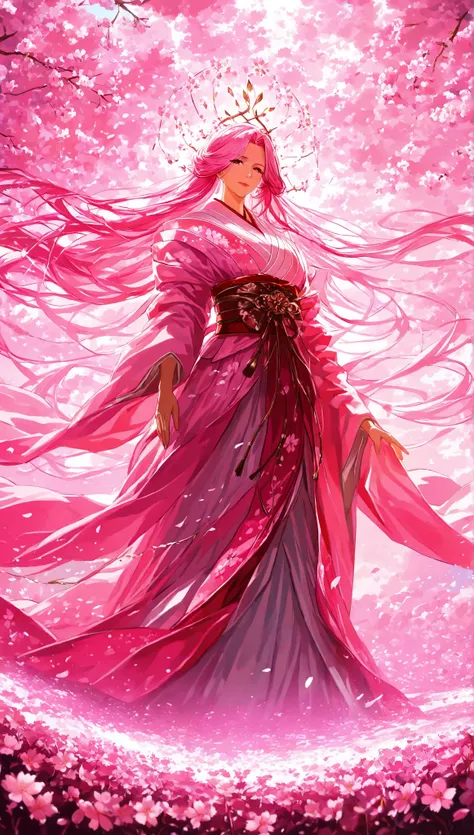 illustration , best quality , dramatic lighting , masterpiece , best quality , ultra-detailed , Cherry blossom goddess, sakura goddess, mature woman, with flowy pink hair, empress kimono, flower field background, cherry blossom trees, (super sharp focus)